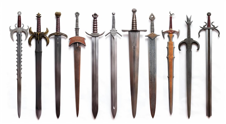 Photo a collection of intricately designed long swords displayed in a row each with unique blade and hilt