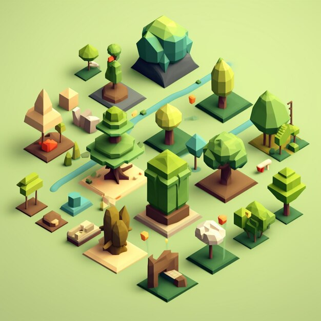 A collection of isometric trees and a river.