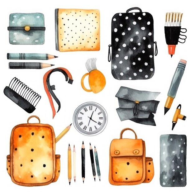 a collection of items including a backpack, a pencil, and a pencil.