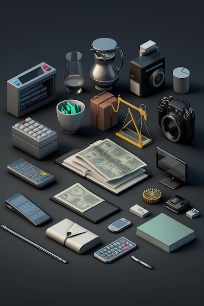 A collection of items including a calculator, money, and a calculator.