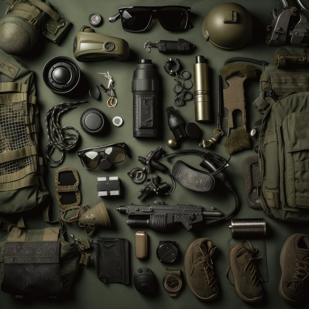 A collection of items including a gun, a gun, a gun, and a backpack.