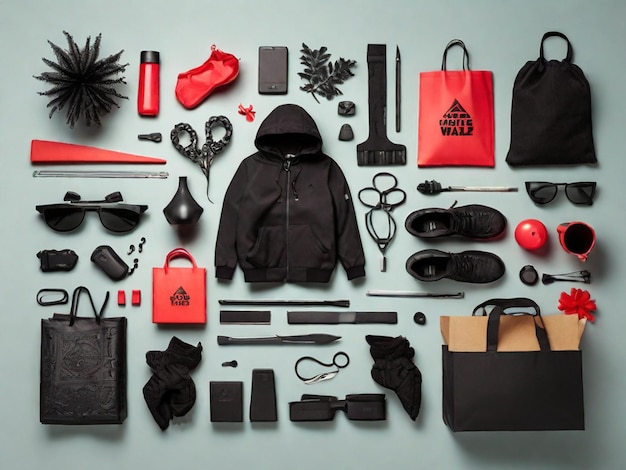 a collection of items including a red bag a black bag and a red bag