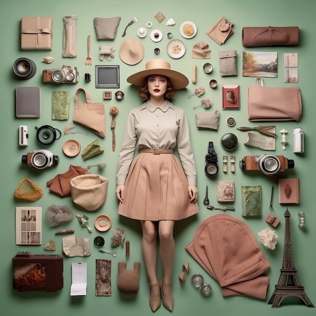 A collection of items including a woman and a hat with a hat on it.