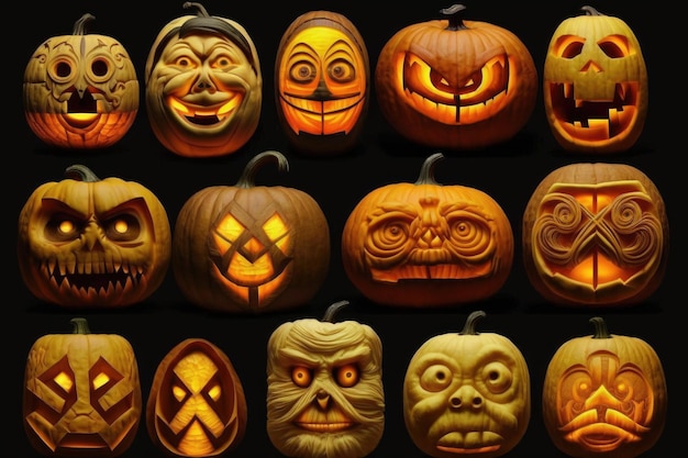 Collection of jackolanterns each with a different design and face created with generative ai