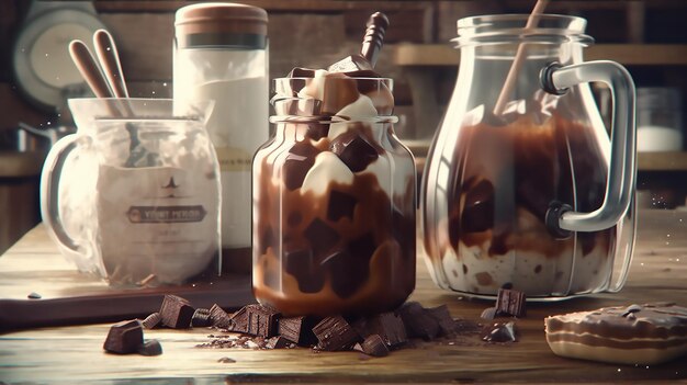 A collection of jars of chocolate ice cream with the word " chocolate " on the top.