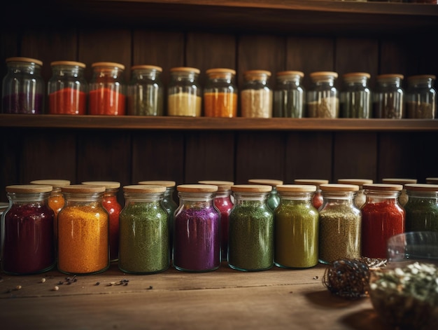 A collection of jars of different colored spices are lined up on a shelf.
