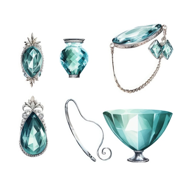 A collection of jewelry including aquamarine and diamond.