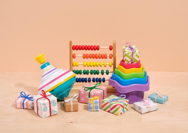 Collection of kids toys and festive gifts Still life compositions of children's toys