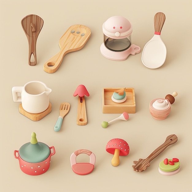 木製のスプーンスプーンと木製スプーンを含むキッチン用具のコレクション