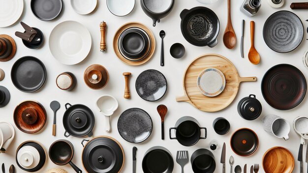 Photo a collection of kitchen utensils plates spoons and spoons on a white surface