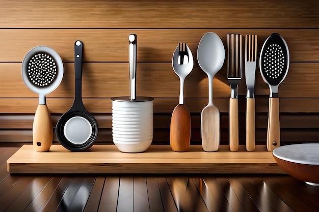 A collection of kitchen utensils and utensils are displayed on a shelf.