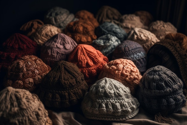 A collection of knitted hats are arranged in a pile.