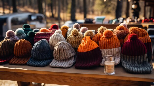 Photo a collection of knitted hats in various colors and styles arranged neatly on a rustic wooden table