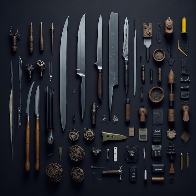 A collection of knives are on a black background.