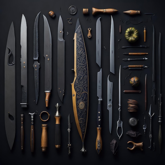 A collection of knives and knives are on a black background.