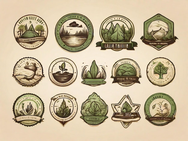 a collection of labels including a set of plants and trees