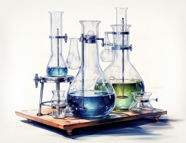 Collection of laboratory glassware filled with blue chemical liquid placed on a reflective surface