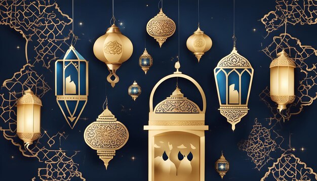 a collection of lamps with a blue background and a gold design