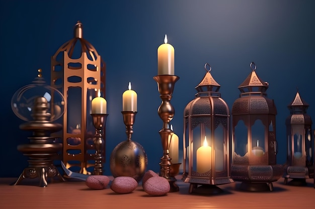 A collection of lanterns and candles are on a table.