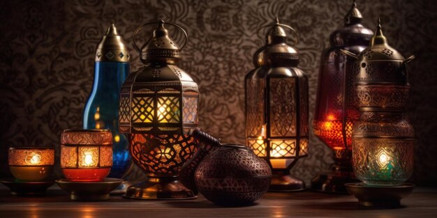 A collection of lanterns with a candle in the middle