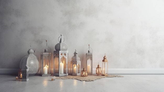 A collection of lanterns with a white plate on the floor.