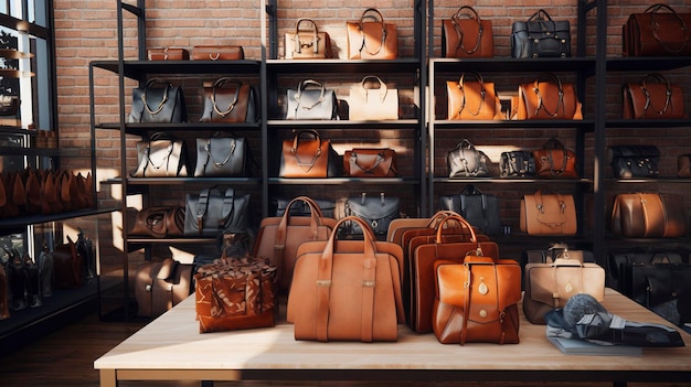 a collection of leather bags are on display in a store