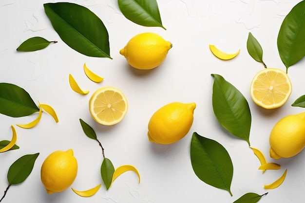 A collection of lemons with green leaves on a white background.