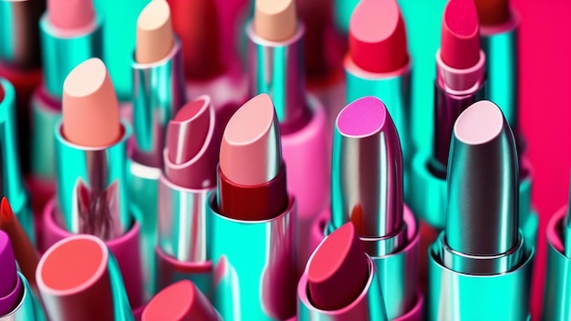 A collection of lipsticks are shown in a colorful display.