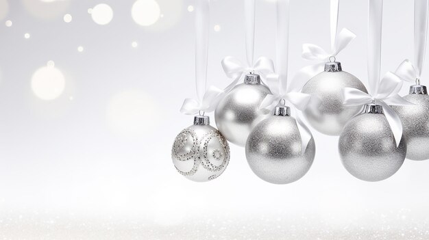 Collection of luxury silver Christmas baubles with snowflake patterns on white background