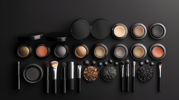 collection of make up and cosmetic beauty products arranged on black background