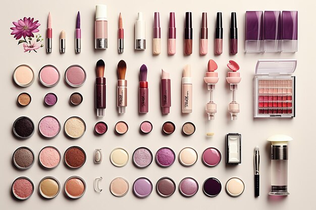 Photo collection of make up and cosmetic beauty products arranged on white background