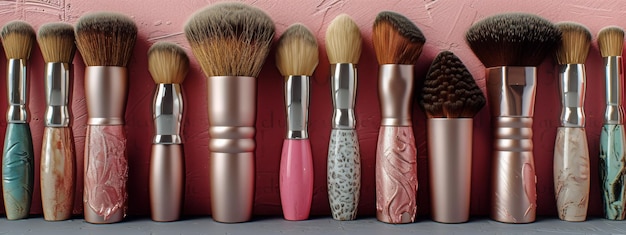 Collection of Makeup Brushes Against a Pink Wall