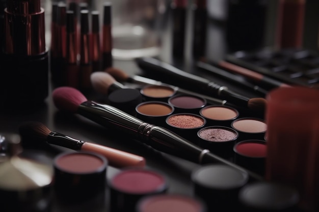 A collection of makeup brushes and makeup brushes are on a table.