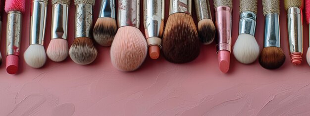 Collection of Makeup Brushes on Pink Surface