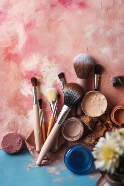 A collection of makeup brushes and a vase of flowers