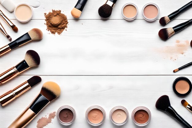 A collection of makeup brushes on a white table.