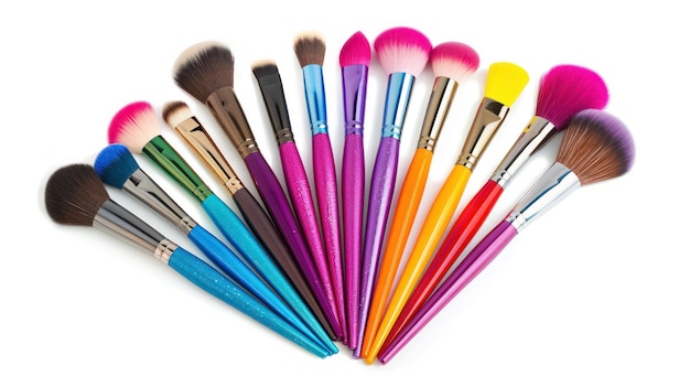 A collection of makeup brushes with colorful handles arranged in a fan shape