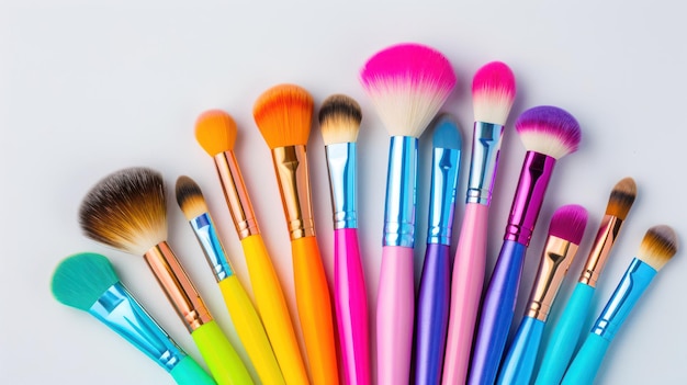 A collection of makeup brushes with colorful handles arranged in a fan shape