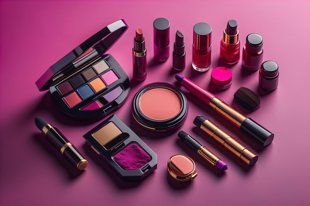 collection of makeup and cosmetic beauty products arranged on red background ai generative