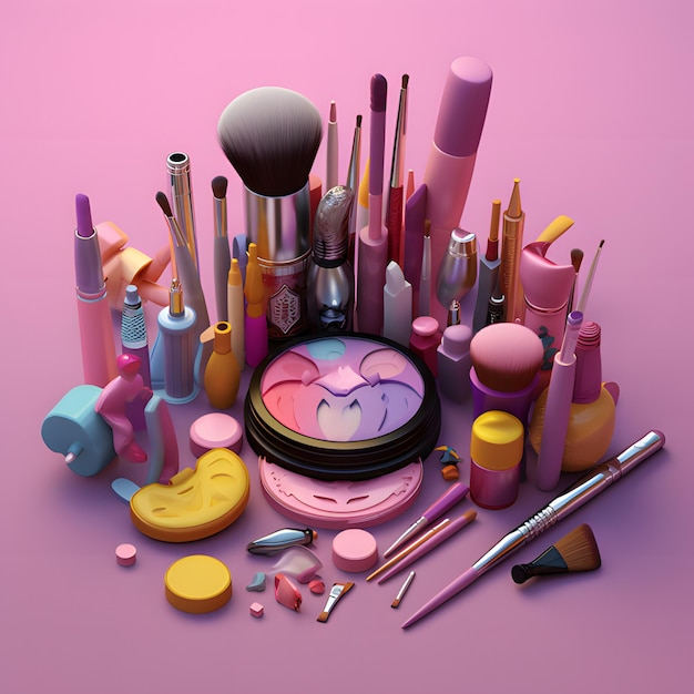 A collection of makeup including a face mask and a makeup brush.