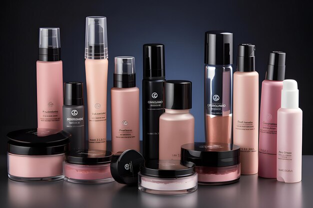 A collection of makeup products including a bottle of liquid