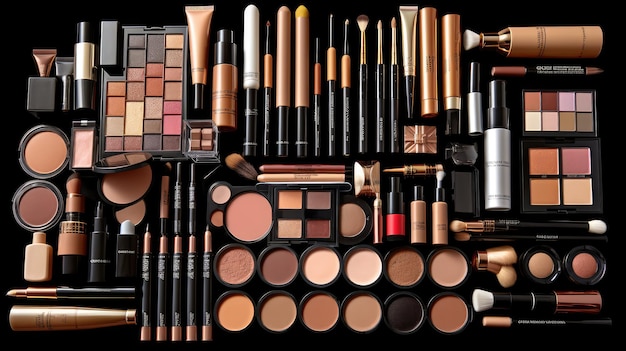 A collection of makeup products including a brush, eye shadow, and a brush.