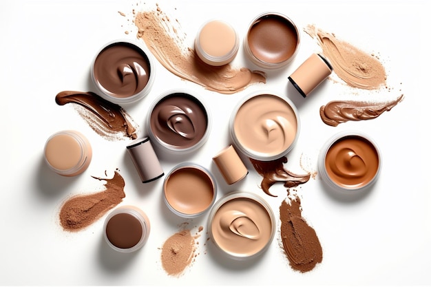 A collection of makeup products including a liquid foundation.