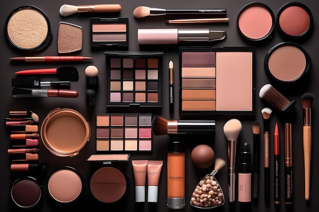 A collection of makeup products including a makeup brush, a brush, and a mirror.