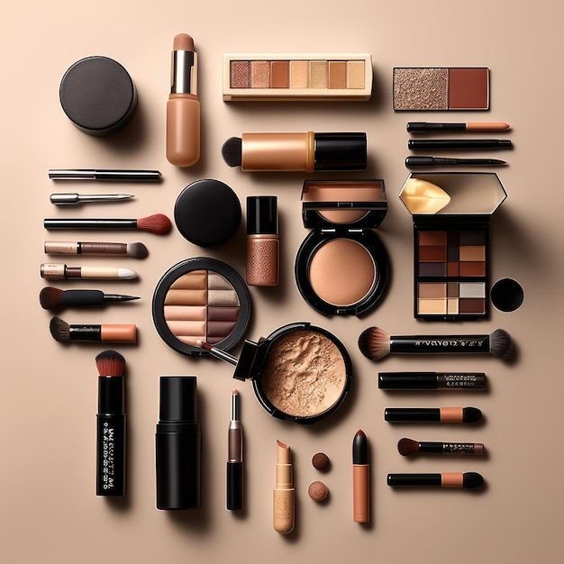 A collection of makeup products including a makeup brush, a brush, and a mirror.