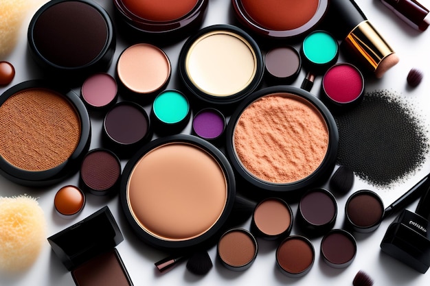 A collection of makeup products including a palette of colors.