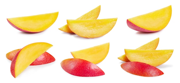 Collection mango fruit slices. Big set fresh mango fruits. Mango clipping path.