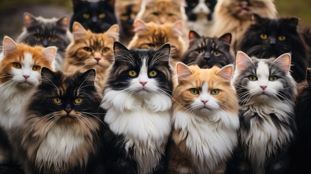 a collection of many cats of various breeds and colors