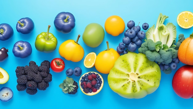 Коллекция многих фруктов на синем столе Ai Generated