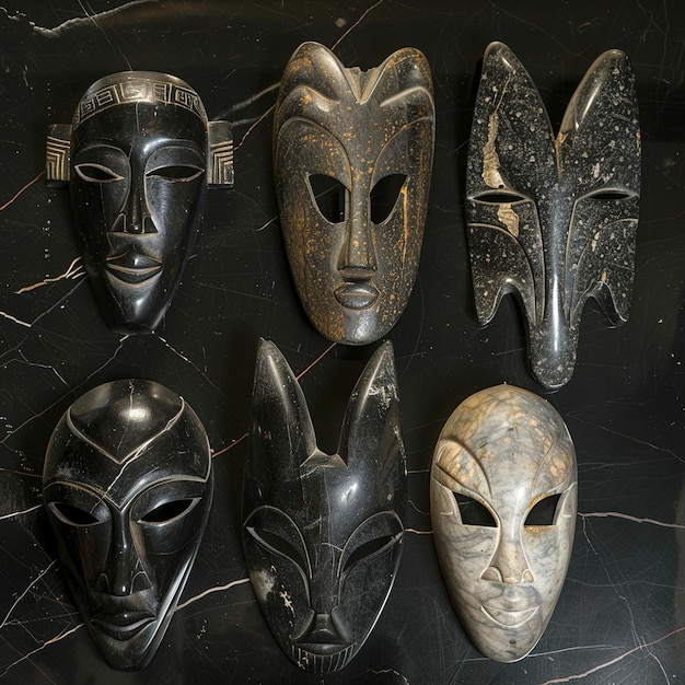 a collection of masks with a mask on the front